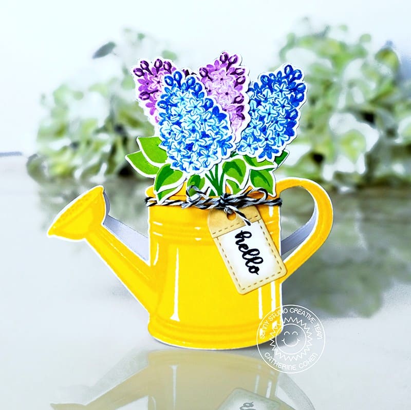 Sunny Studio Layered Lilacs Flowers in Yellow Watering Can Shaped Hello Card (using Watering Can Clear Layering Stamps)