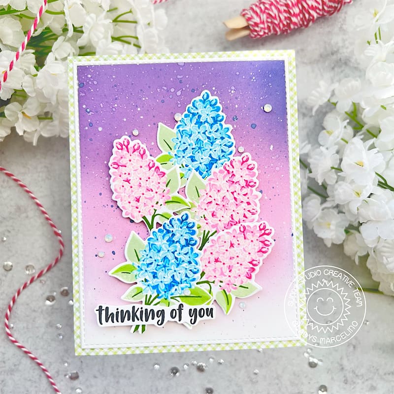 Sunny Studio Spring Floral Lavender, Pink & Blue Thinking of You Card (using Lovely Lilacs 4x6 Clear Layering Stamps)