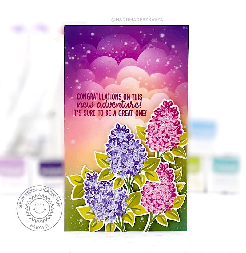Sunny Studio Congrats on your New Adventure Floral Lilacs Wedding Card (using Lovely Lilacs 4x6 Clear Layering Stamps)