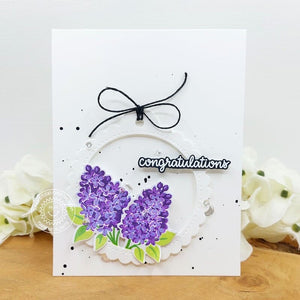 Sunny Studio Lilac Flowers with Scalloped Tag Frame CAS Congratulations Card (using Lovely Lilacs 4x6 Clear Layering Stamps)