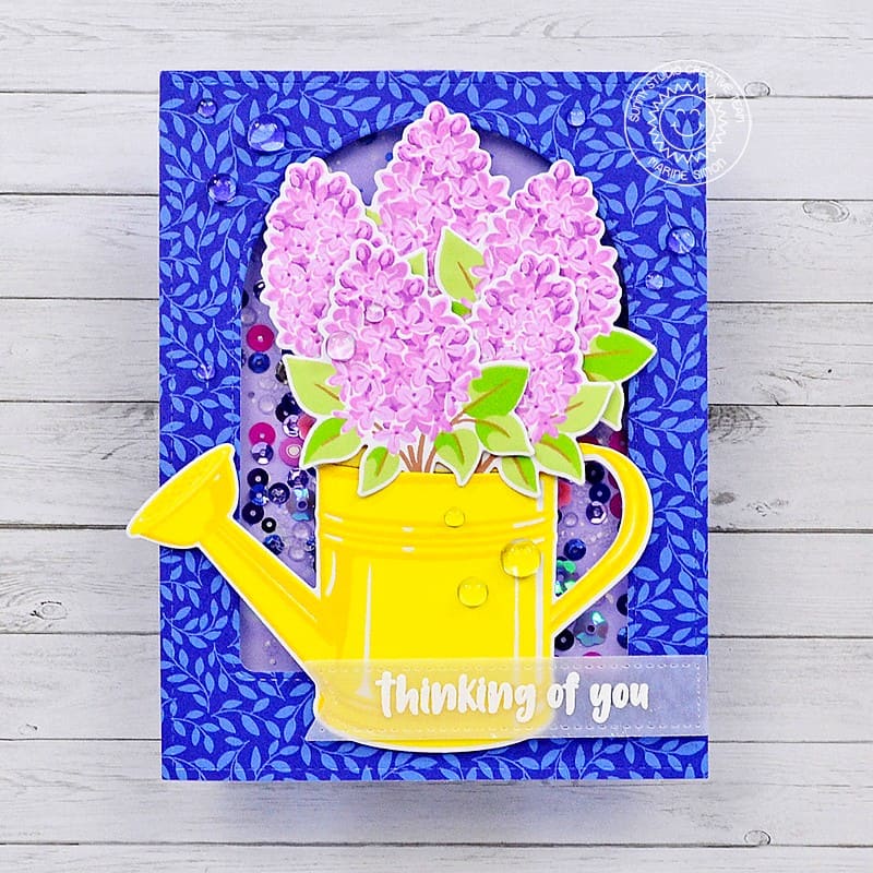 Sunny Studio Flowers in Yellow Watering Can Thinking of You Shaker Card (using Lovely Lilacs 4x6 Clear Layering Stamps)