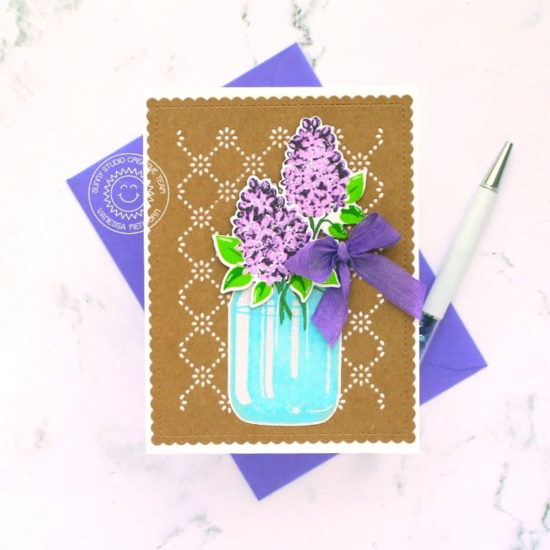 Sunny Studio Lilacs Floral Flowers in Vintage Jar Bouquet with Bow Card (using Lovely Lilacs 4x6 Clear Layering Stamps)