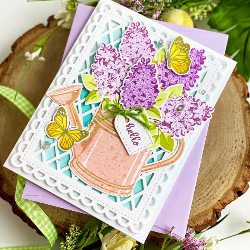 Sunny Studio Lilacs & Butterflies Floral Arrangement Spring Hello Card (using Watering Can 4x6 Clear Layering Stamps)