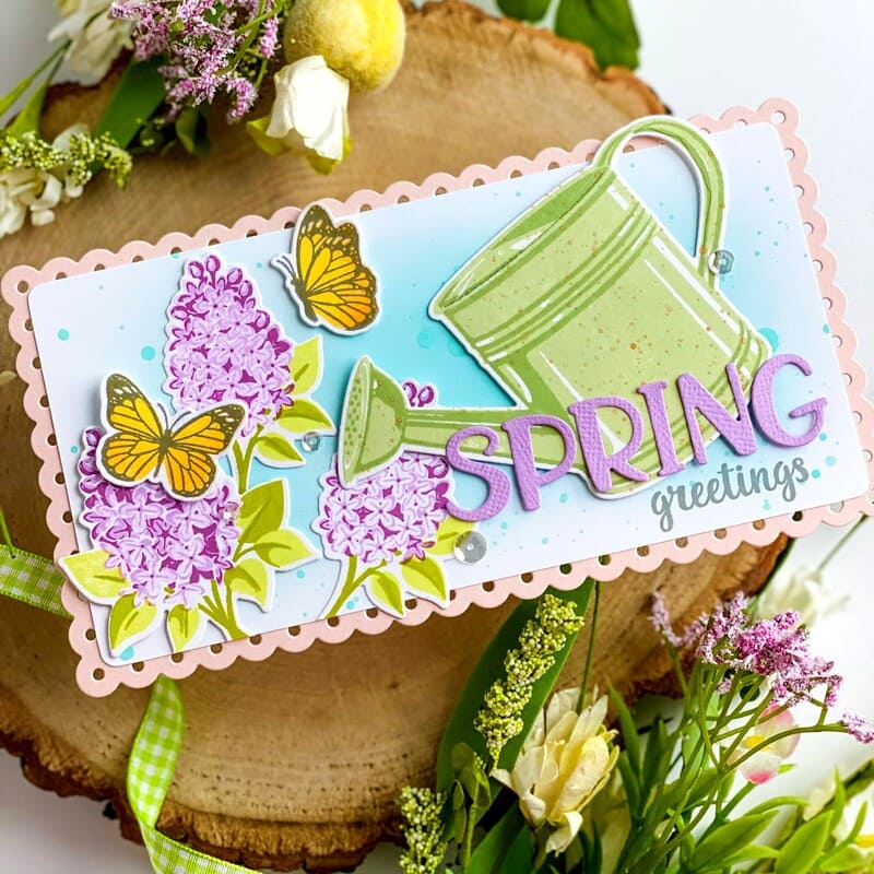 Sunny Studio Watering Can, Flowers & Butterflies Spring Greetings Slimline Card (using Lovely Lilacs Clear Layering Stamps)