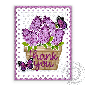 Sunny Studio Lavender Lilacs in Basket with Butterflies Scalloped Thank You Card (using Watering Can 4x6 Clear Layering Stamps)