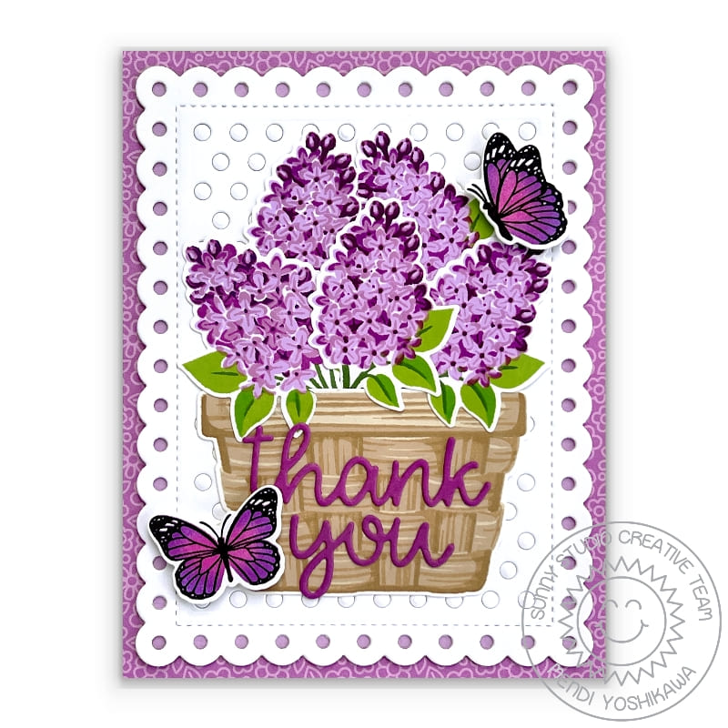 Sunny Studio Lilac Flowers in Basket with Butterflies Scalloped Thank You Card (using Layered Basket 4x6 Clear Layering Stamps)
