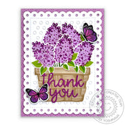 Sunny Studio Lavender Flowers in Basket with Butterflies Scalloped Thank You Card (using Lovely Lilacs 4x6 Clear Layering Stamps)