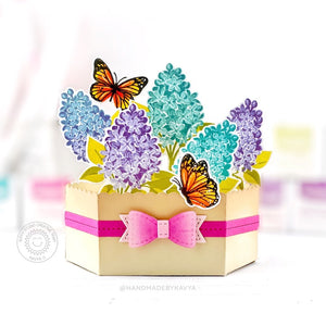 Sunny Studio Flower Bouquet with Monarch Butterflies Platform Pop-up Box Card (using Lovely Lilacs 4x6 Clear Layering Stamps)