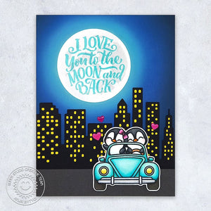 Sunny Studio Stamps I Love You To the Moon & Back Penguins in Car with City Lights Card using Cityscape Border Buildings Die