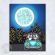 Sunny Studio I Love You To the Moon & Back Penguins in Car with Glowing City Lights Card (using Passionate Penguins Stamps)
