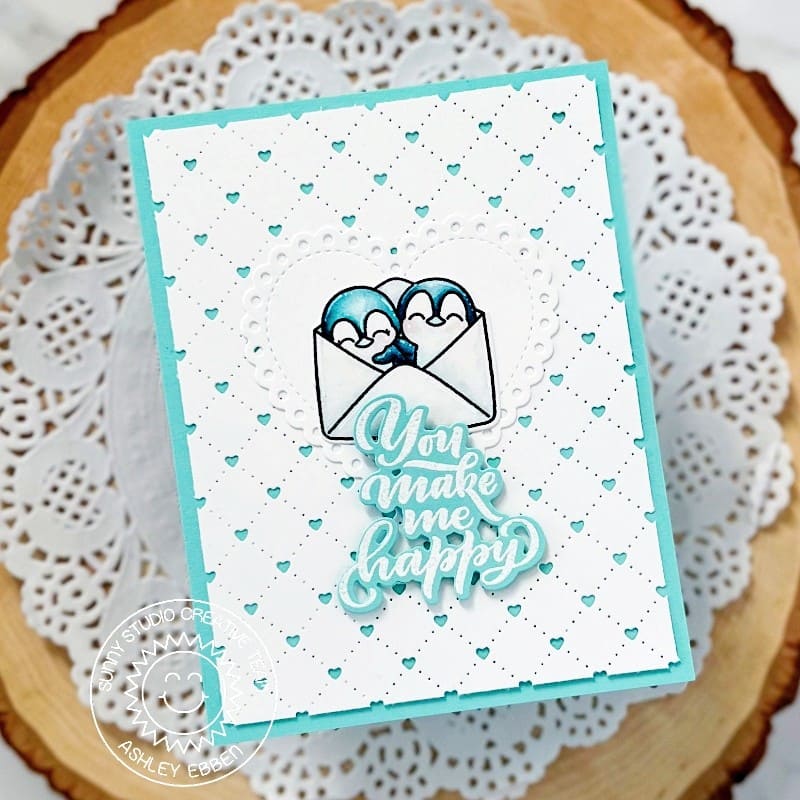Sunny Studio Stamps You Make Me Happy Penguins in Envelope Aqua Card (using Quilted Hearts Portrait Background Die)