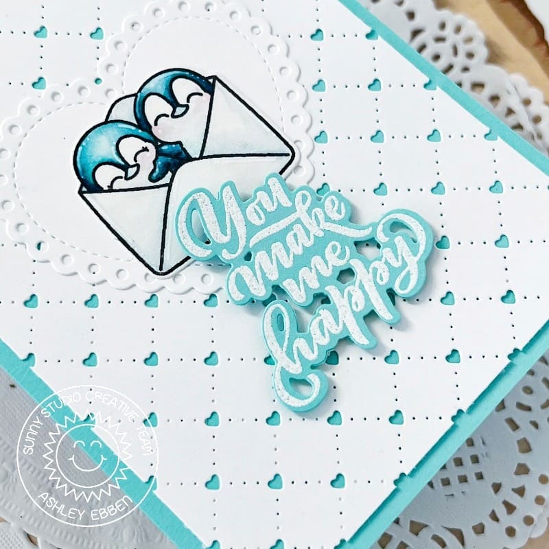 Sunny Studio Stamps You Make Me Happy Penguins in Envelope Aqua Quilted Card (using Scalloped Heart Metal Cutting Dies)