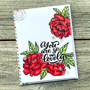 Sunny Studio You Are So Lovely Red Peonies Floral Peony Flower Card (using Lovey Dovey Sentiment Stamps)