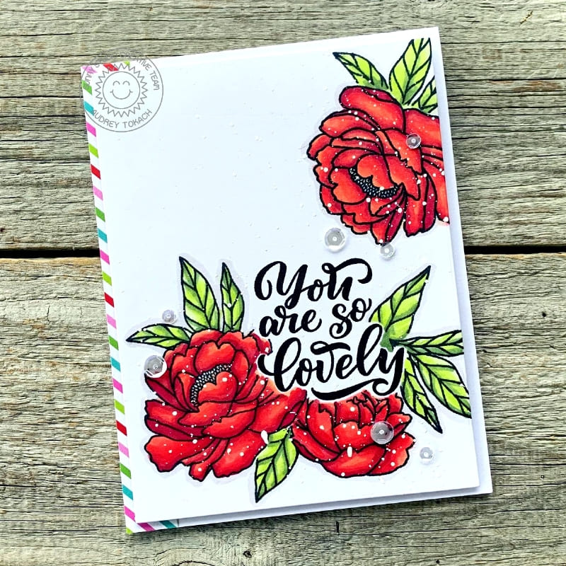 Sunny Studio You Are So Lovely Red Peonies Floral Peony Flower Card (using Pink Peonies Clear Stamps)