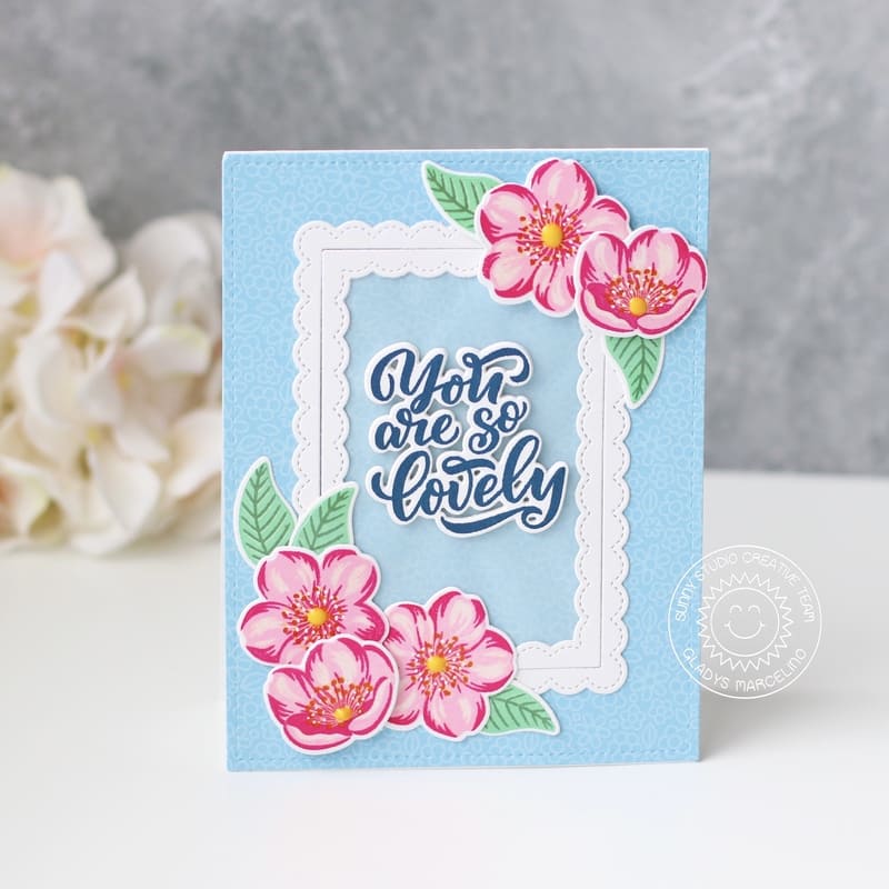 Sunny Studio You Are So Lovely Blue & Pink Layered Flowers Floral Card (using Cherry Blossoms 4x6 Layering Clear Stamps)