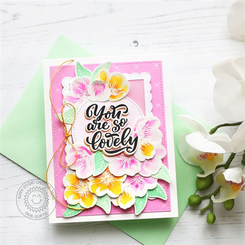 Sunny Studio You are so lovely Layered Watercolor Floral Flowers Card (using Cherry Blossoms 4x6 Clear Layering Stamps)