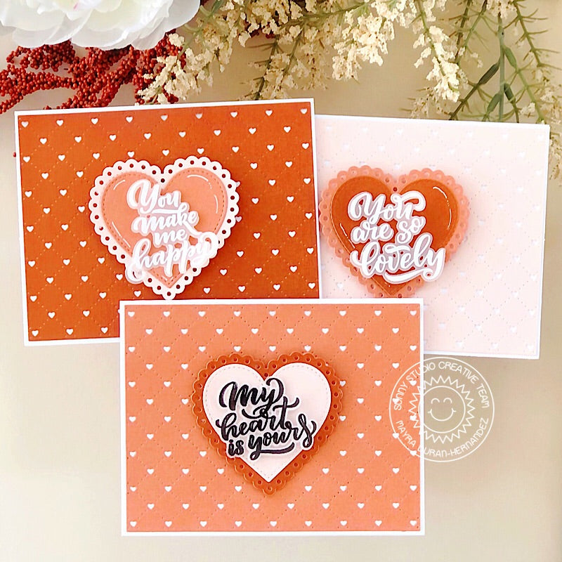 Sunny Studio Stamps Peach Scripty Greetings CAS Valentine's Day Cards (using Quilted Heart Background Cutting Die)