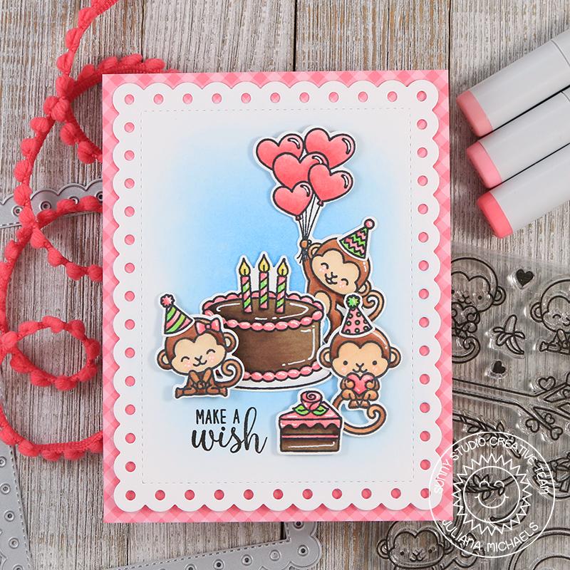 Sunny Studio Make A Wish Monkey Birthday Cake Card (using Frilly Frames Polka-Dot Stitched Scalloped Mat Metal Cutting Dies)