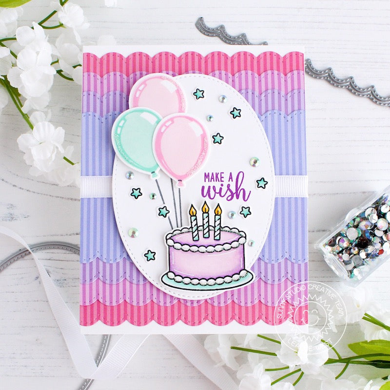 Sunny Studio Stamps Make A Wish Birthday Cake & Balloons Pink & Lavender Scalloped Card by Leanne West