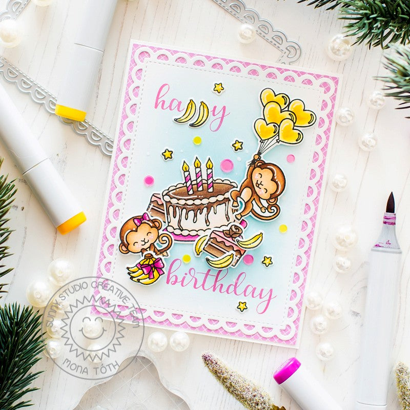 Sunny Studio Stamp Monkey Birthday Party with Cake, Balloons & Bananas Scalloped Card using Frilly Frames Lattice Cutting Die