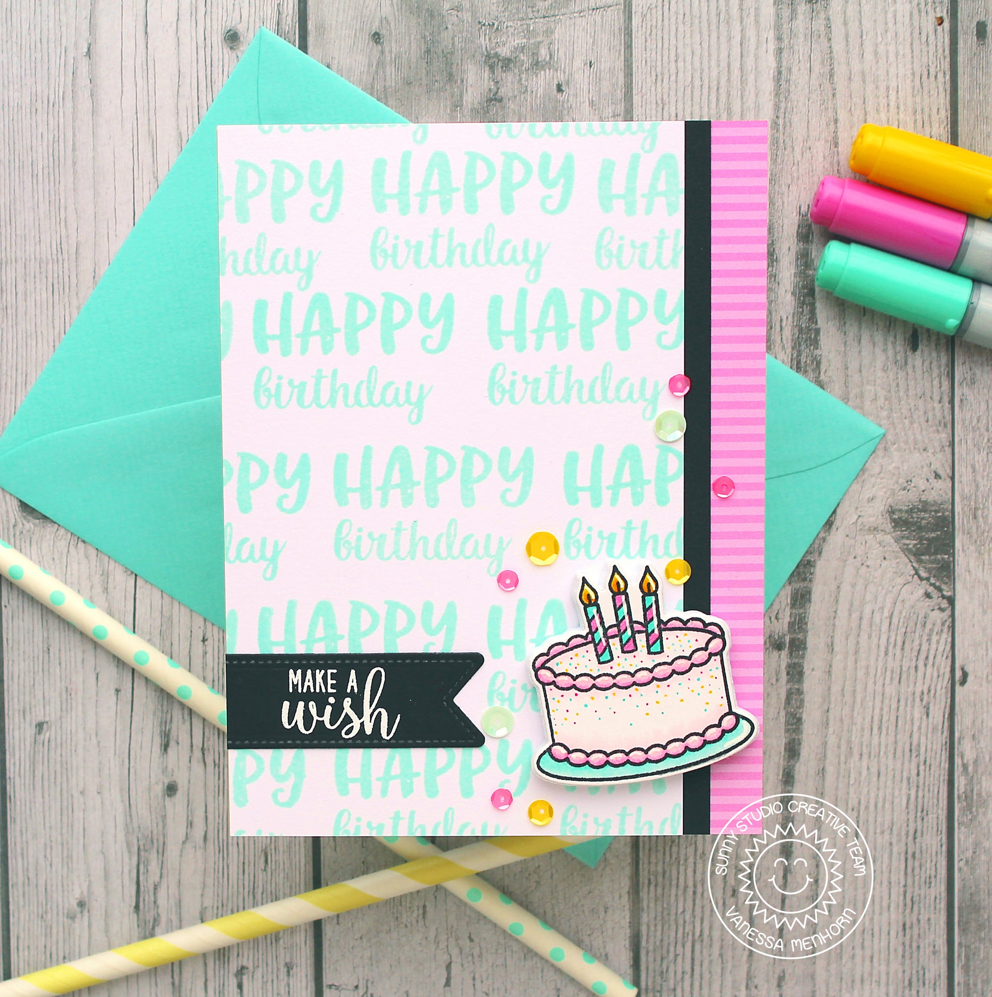 Sunny Studio Stamps Make A Wish Birthday Cake Pnk & Aqua Card by Angelica