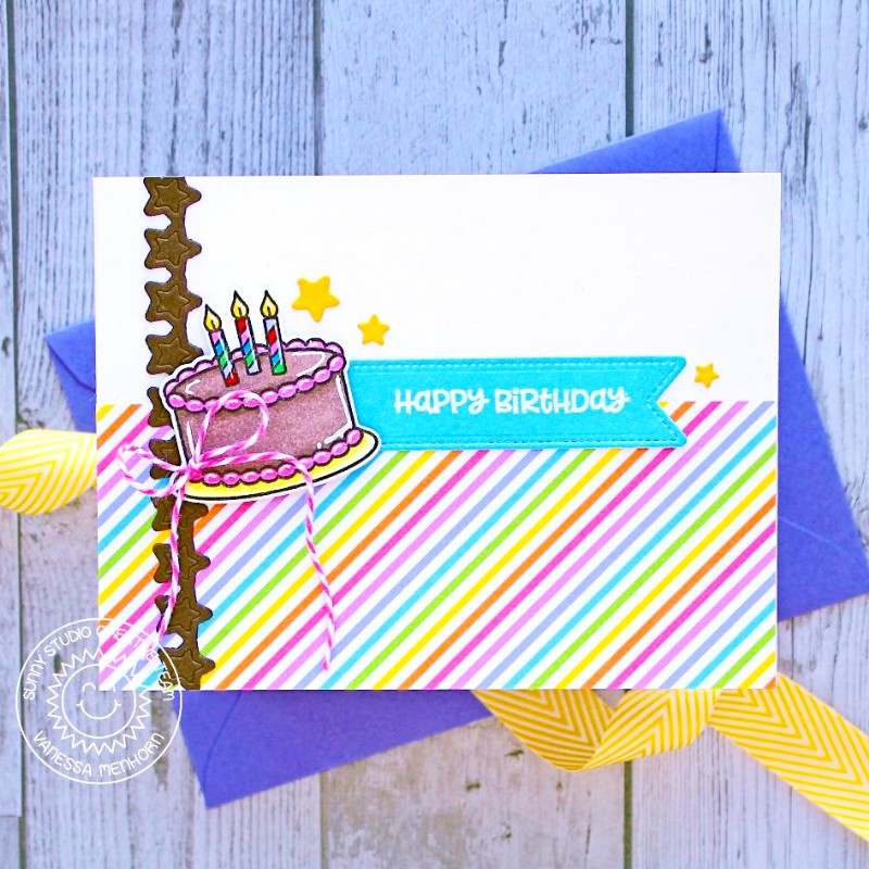 Sunny Studio Stamps Make A Wish Birthday Cake with Rainbow Stripes Handmade Card