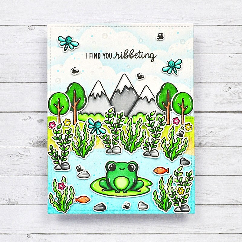 Sunny Studio I find You Ribbeting Punny Frog in Pond Card (using Feeling Froggy 2x3 Clear Stamps)