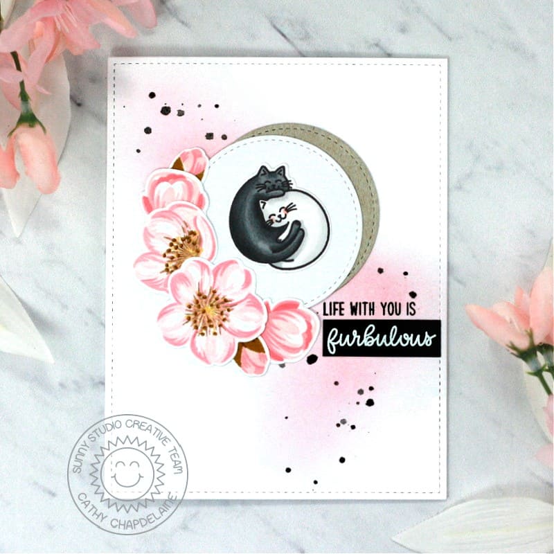 Sunny Studio Life With You is Furbulous Punny Cat Valentine's Day Card (using Cherry Blossoms 4x6 Clear Layering Stamps)