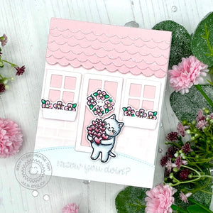 Sunny Studio Stamps Kitty Cat in Front of Pink Home with Flower Window Boxes Handmade Card (using Sweet Treats House Add-on Metal Cutting Dies)
