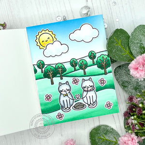 Sunny Studio Kitty Cats with Rolling Hills Park Background Handmade Card (using Country Scenes 4x6 Outdoor Borders Clear Stamps)