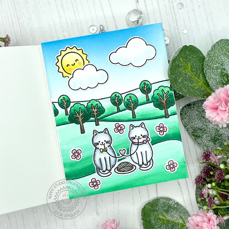 Sunny Studio Kitty Cats Eating Spaghetti in the Park Love Themed Handmade Card (using Meow & Furever 4x6 Clear Stamps)