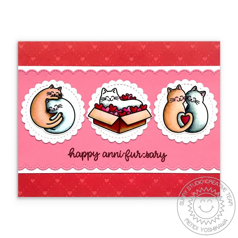 Sunny Studio Stamps Happy Anni-fur-sary Punny Cat Anniversary Love Card using Scalloped Circle Mat 3 Metal Cutting Dies