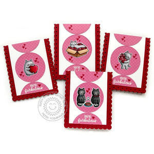 Sunny Studio Stamps Red & Pink Punny Cat Valentine's Day Notecards Card (using Slimline Scalloped Frame Dies)