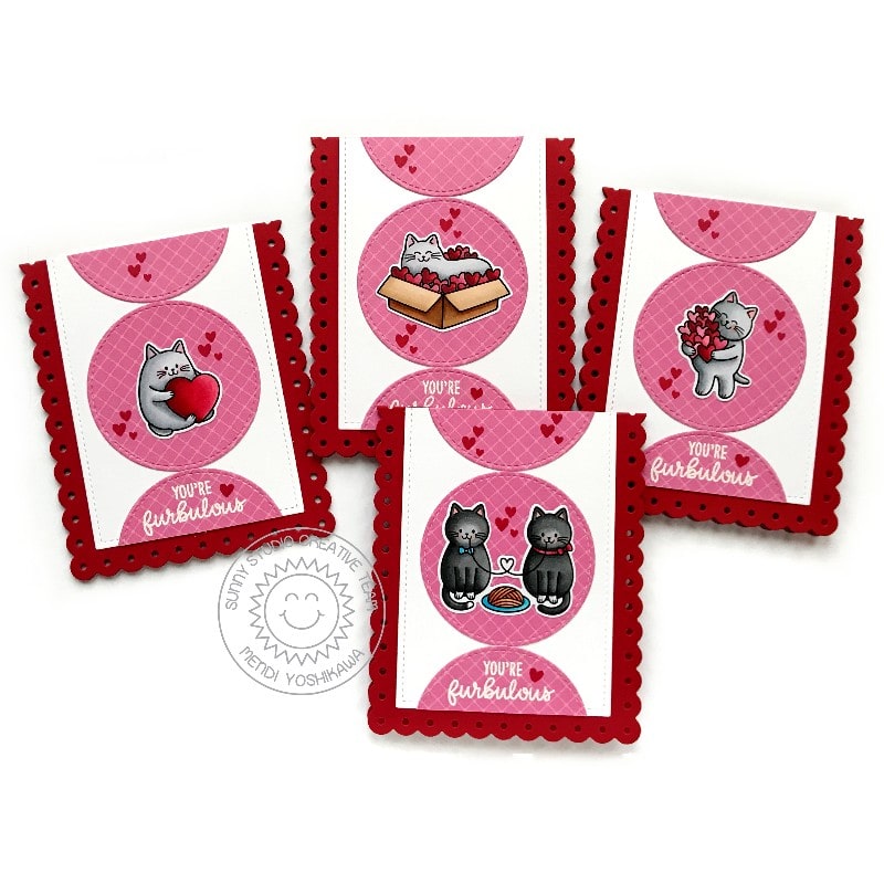 Sunny Studio Red & Pink Kitty Cat Kid's Punny Valentine Scalloped Cards (using Stitched Circle Large Stitched Nesting Dies)