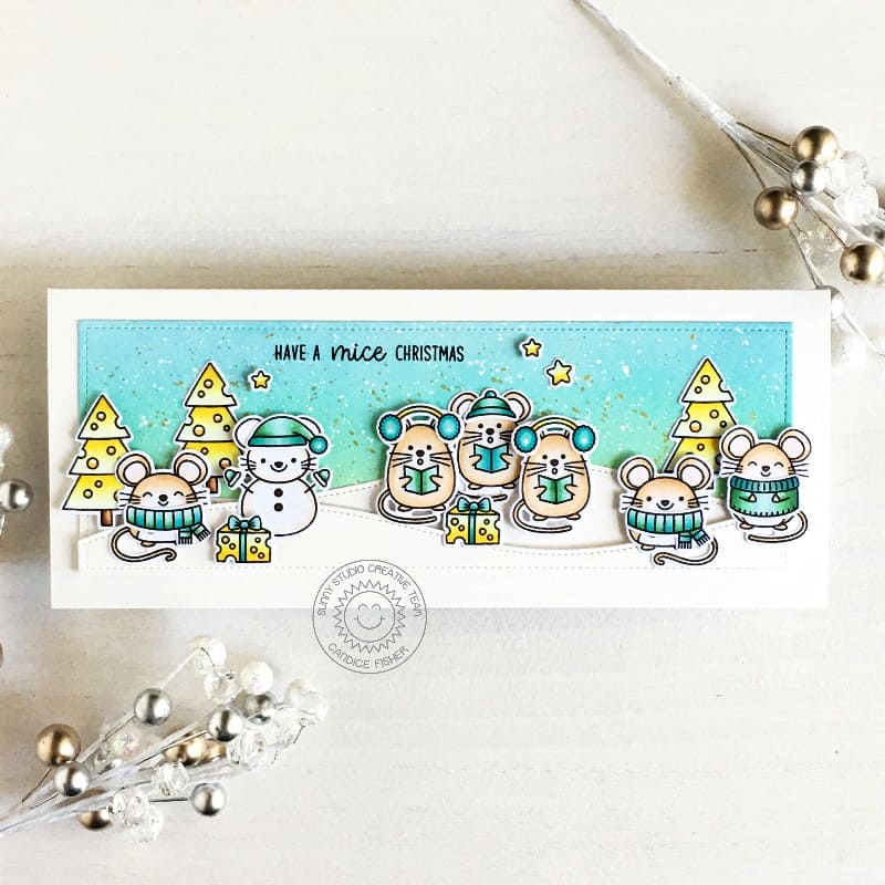 Sunny Studio Caroling Mouse with Snowman & Cheese Trees Slimline Holiday Christmas Card (using Merry Mice 4x6 Clear Stamps)