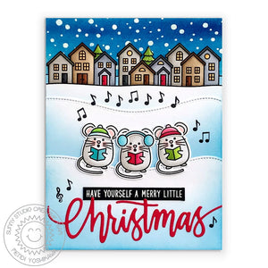 Sunny Studio Have A Merry Little Christmas Caroling Mice With Neighborhood Houses Holiday Card using Scenic Route Stamps