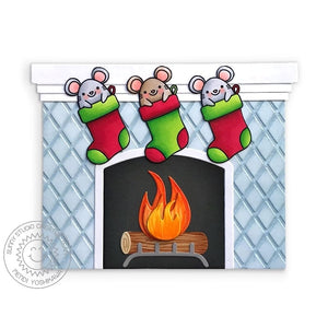 Sunny Studio Stamps Merry Mice Mouse in Christmas Stocking Hanging from Fireplace Shaped Holiday Card