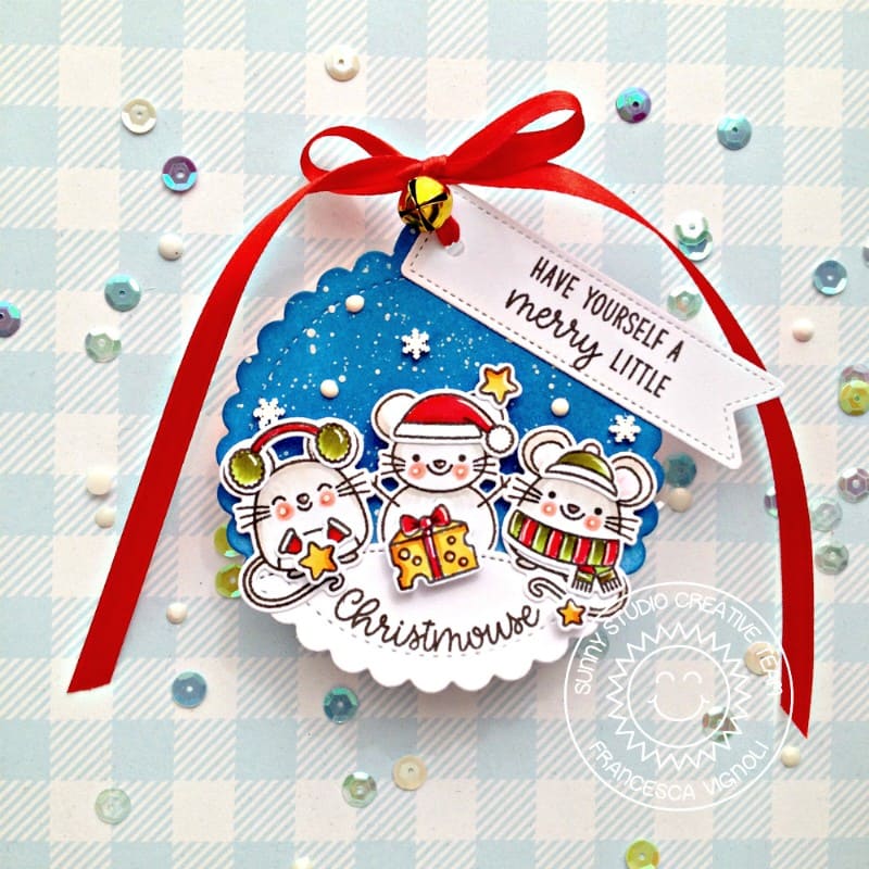 Sunny Studio Stamps Merry Mice Mouse Christmas Holiday Scalloped Circle Gift Tag by Franci