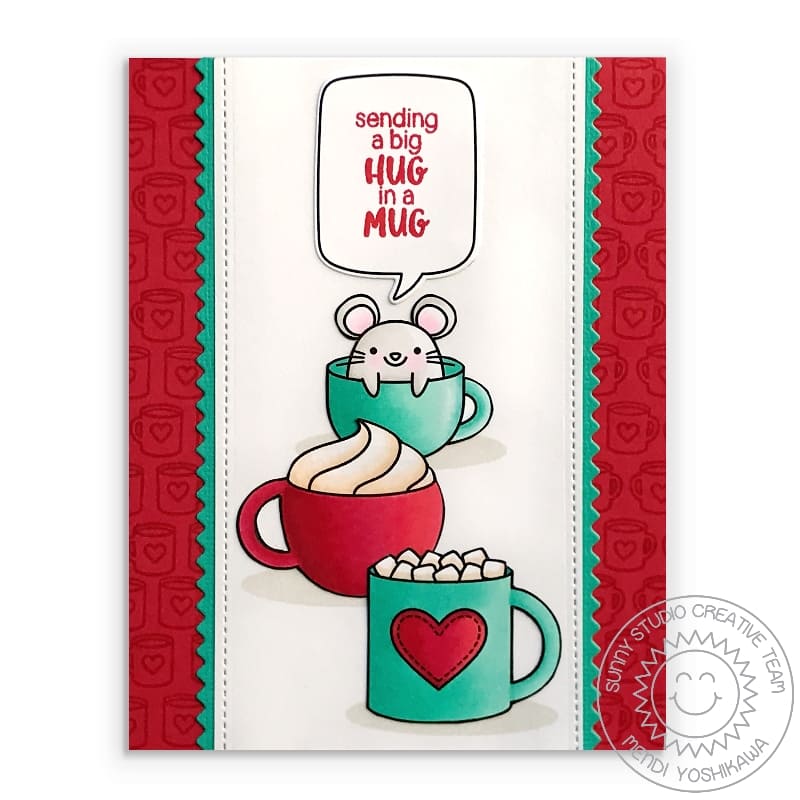 Sunny Studio Sending A Big Hug In A Mug Mouse in Hot Cocoa Cup Holiday Card (using Merry Mice 4x6 Clear Stamps)