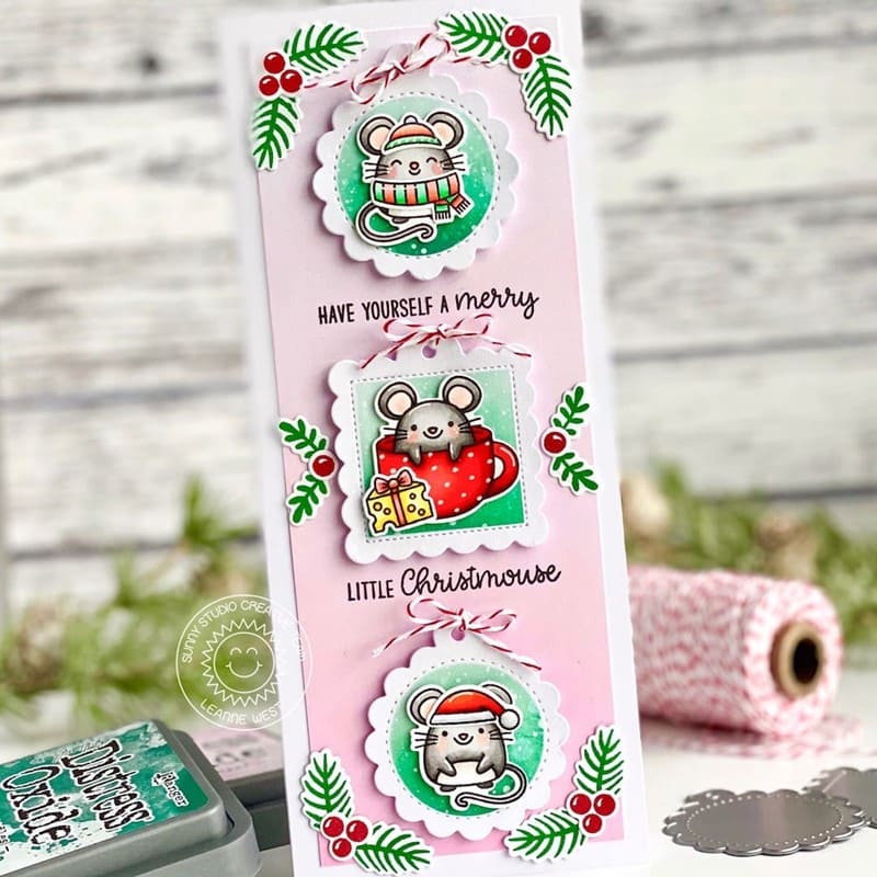 Sunny Studio Stamps Merry Mice Framed Mouse Pink, Red & Green Holiday Christmas Card