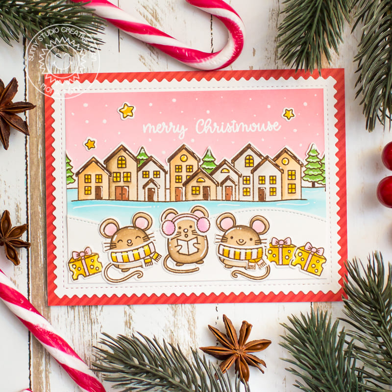 Sunny Studio Merry Christmouse Pink Punny Mouse Holiday Christmas Card (using Scenic Route Clear House Border Stamps)