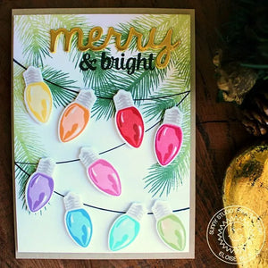 Sunny Studio Merry & Bright Rainbow Christmas Lights Lightbulbs Holiday Card (using Merry Sentiments 3x4 Clear Stamps)