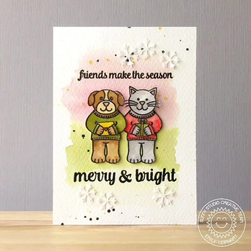 Sunny Studio Kitty Cat & Puppy Dog Merry & Bright Friends Christmas Holiday Card (using Merry Sentiments 3x4 Clear Stamps)