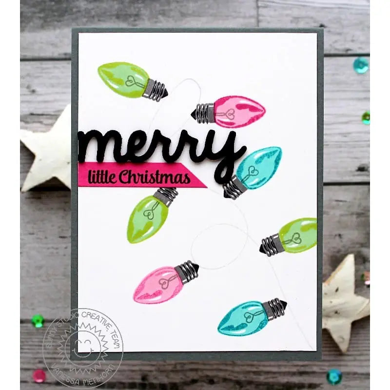 Sunny Studio Merry Little Christmas String of Holiday Lights Card (using Merry Sentiments 3x4 Clear Stamps)