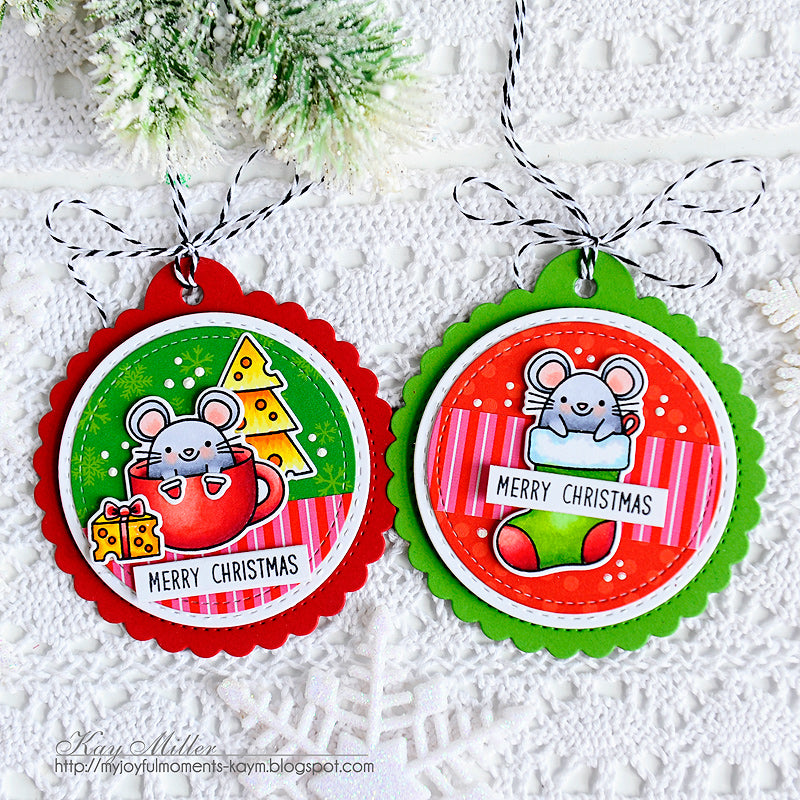 Sunny Studio Stamps Christmas Mouse Christmas Holiday Gift Tags using stitched Scalloped Circle Gift Tag Die Set