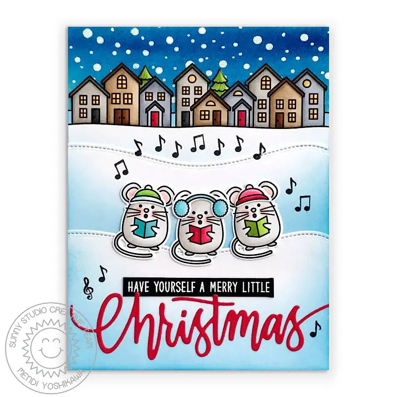 Sunny Studio Merry Mice Caroling Mouse Holiday Christmas Card by Mendi Yoshikawa (using Frosty Flurries 2x3 Background Stamps)
