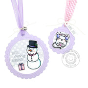 Sunny Studio Stamps Lavender Snowman and Mouse Christmas Holiday Gift Tag by (using stitched Scalloped Circle Tag Dies)