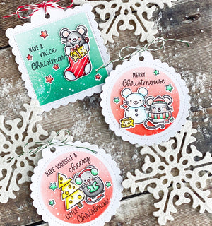 Sunny Studio Stamps Merry Mice Mouse Christmas Holiday Gift Tag by Leanne West (using stitched Scalloped Circle Tag Dies)