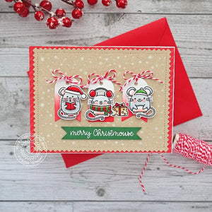 Sunny Studio Red Kraft Mice with White Heat Embossed Snowflake Holiday Christmas Card by Vanessa Menhorn (using Frosty Flurries 2x3 Background Stamps)