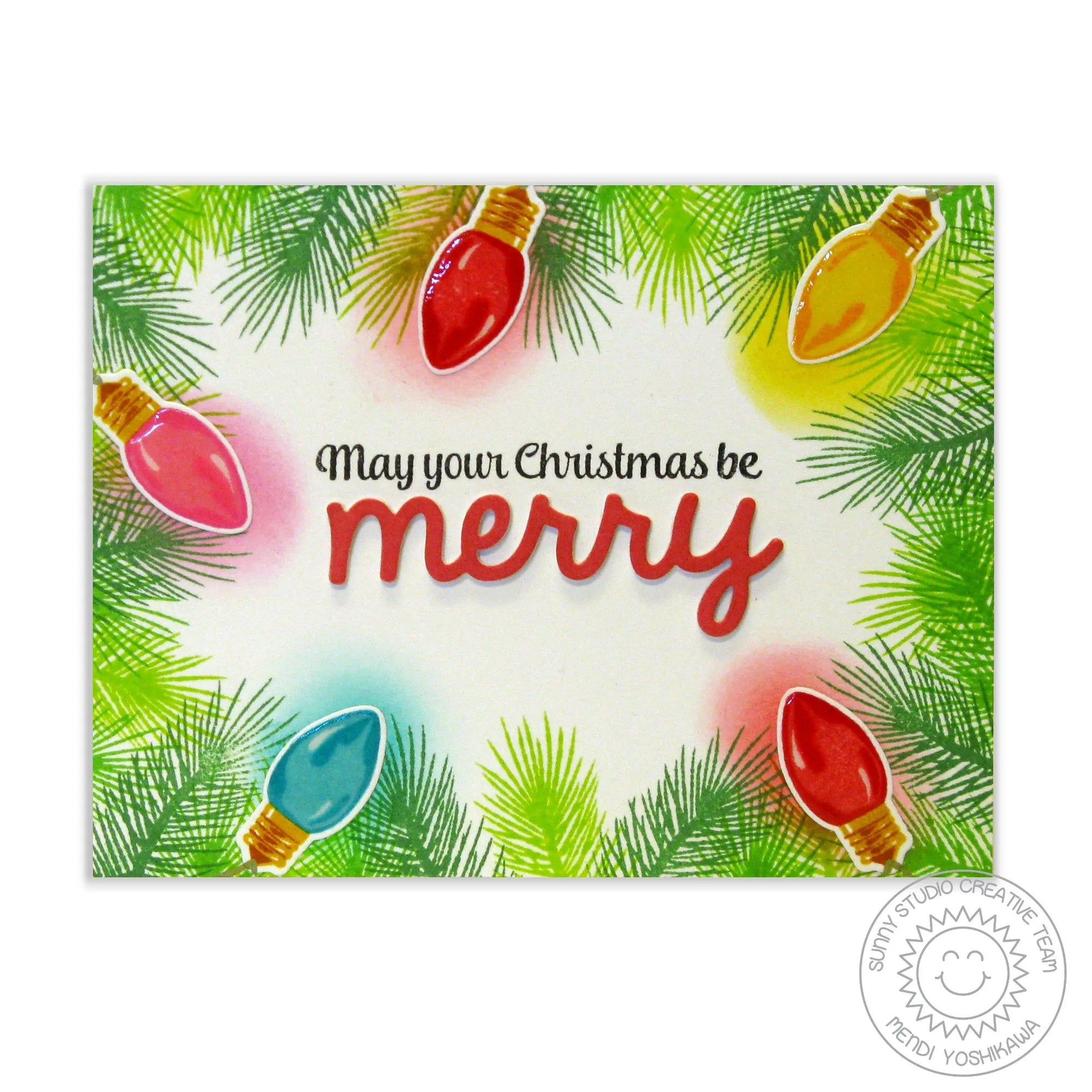 Sunny Studio Stamps May you Christmas Be Merry Colorful Holiday Lights Christmas Card (using Merry Word Metal Cutting Die)